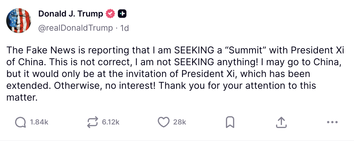 trump on seeking summit with xi